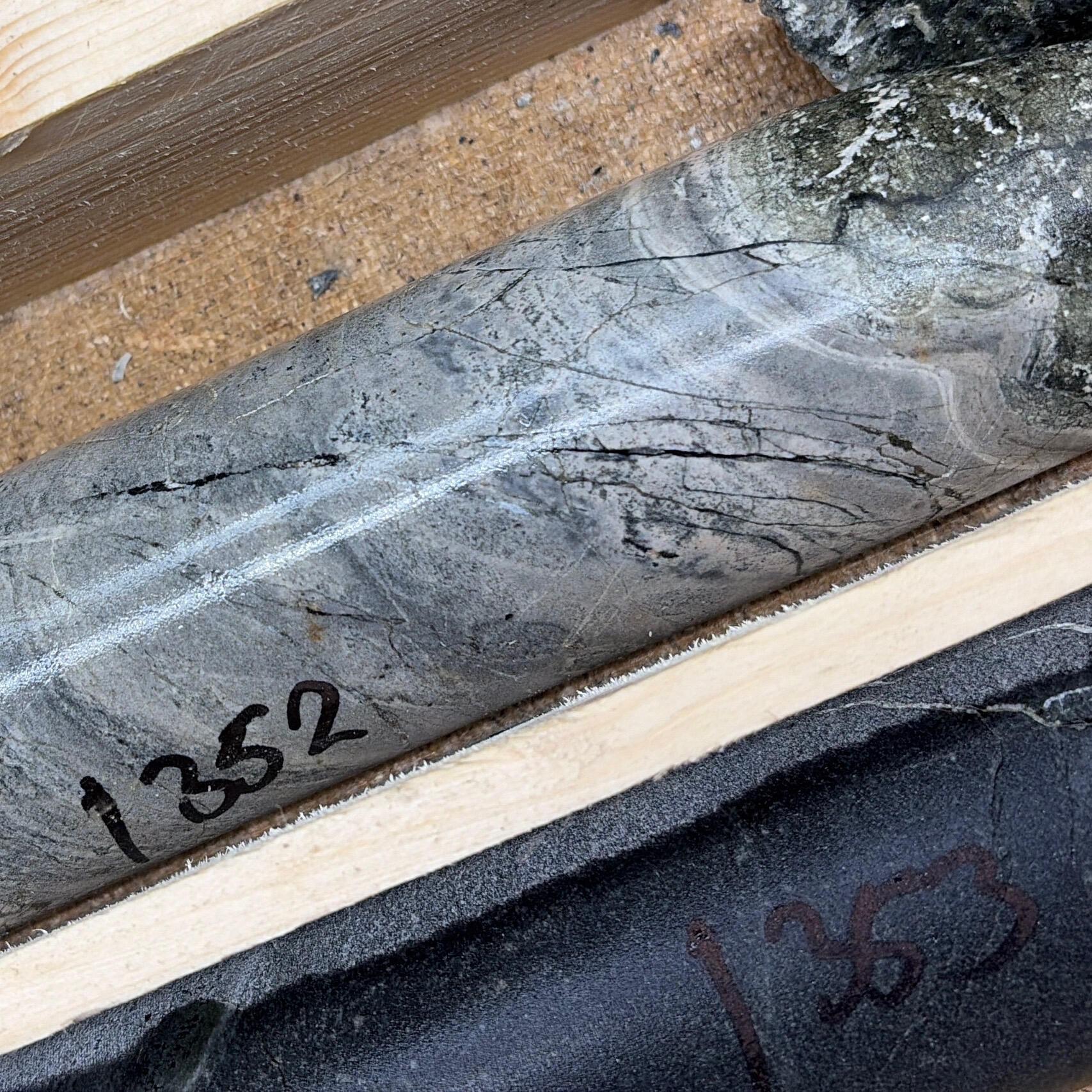 Beautiful image showing two rows of drillcore with black meter markings visible. One row shows dipside in a contact with marble. Light reflection is visible in the water.